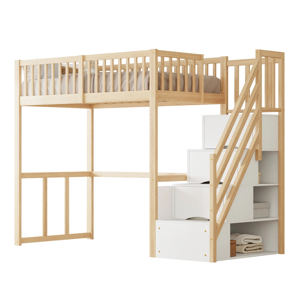 Letto a soppalco Letto Singolo con scala contenitore e scrivania; 90 × 200 cm; senza materasso; Legno Naturale