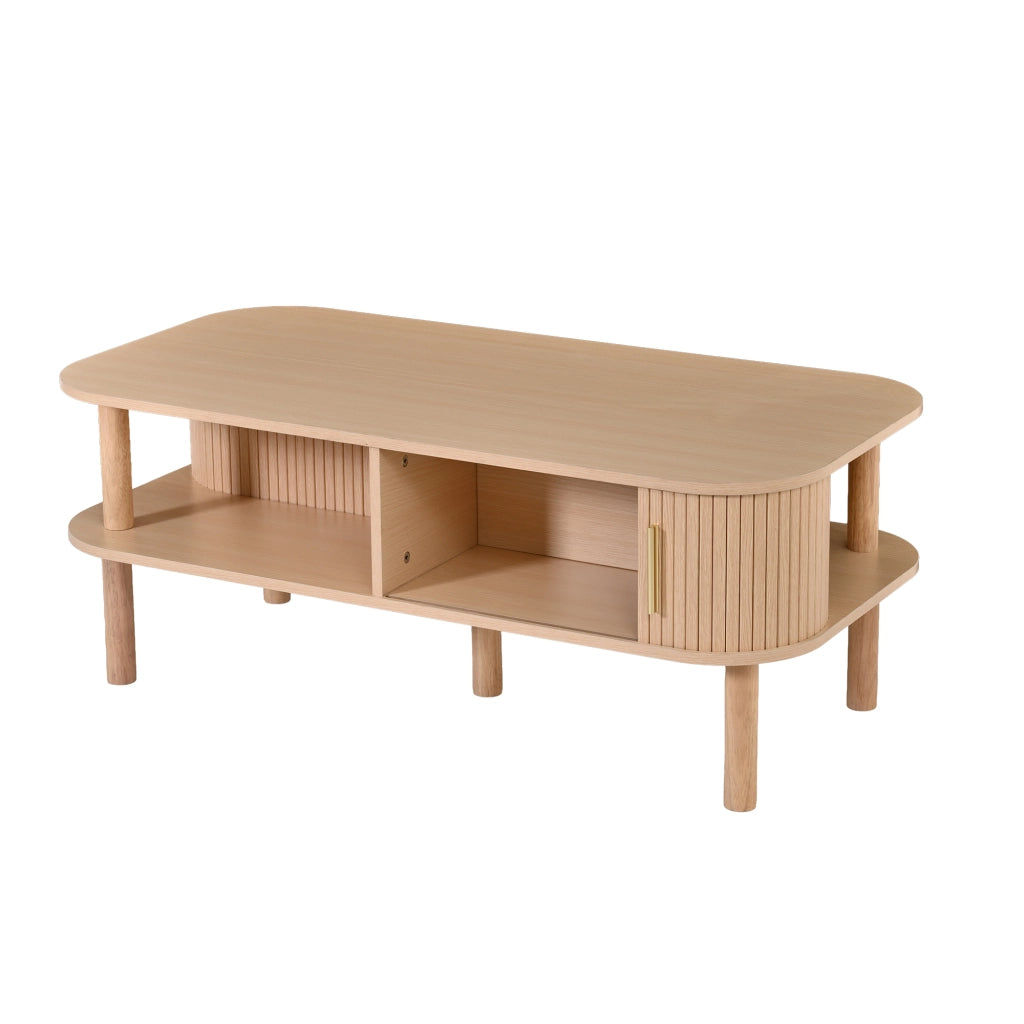 Tavolino, in MDF, con ante scorrevoli e ripiani a vista, 110 x 55 x 45 cm, color legno naturale