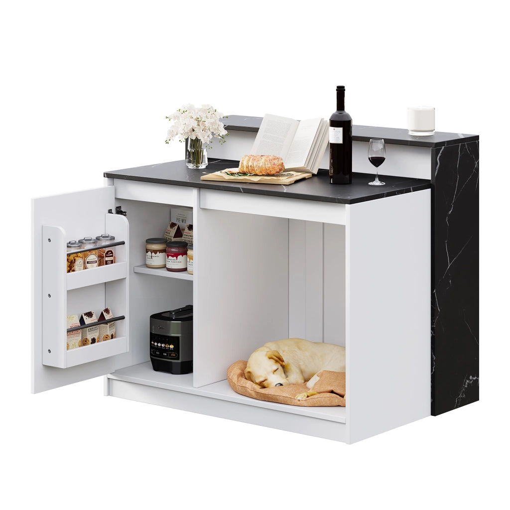 Isola cucina multifunzionale con bancone e area relax per animali, 120×80×100 cm, bianco e nero