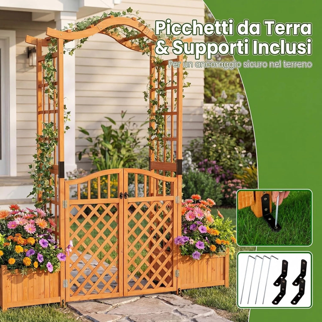 Arco da Giardino con Fioriere, Letto da Giardino Rialzato con Traliccio, Tetto, Fori di Drenaggio, Fondo Rimovibile e Cancelli Chiudibili, Pergolato da Esterno in Legno per Feste e Matrinomio