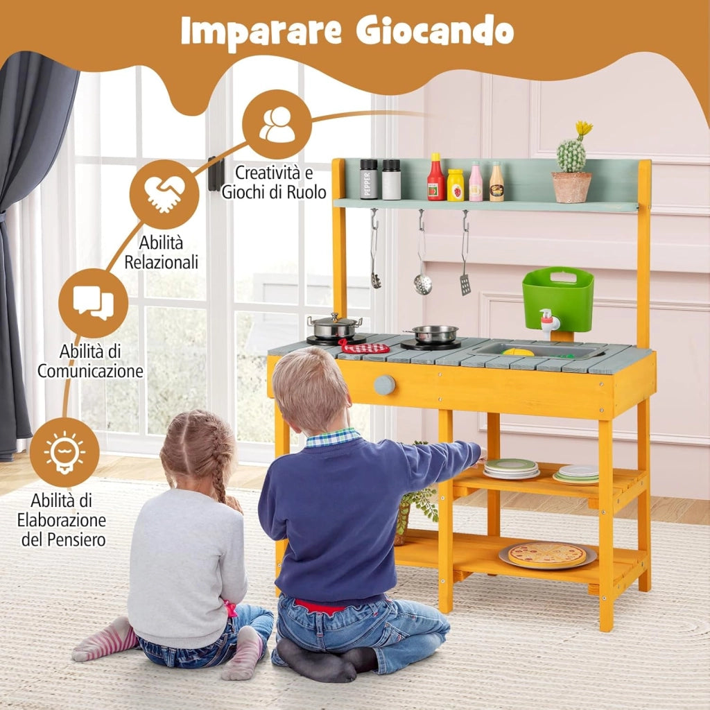 Cucina Giocattolo per Giardino in Legno di Abete, Cucina per Bambini con Serbatoio dell'Acqua e Lavello Rimovibili, 3 Ripiani Aperti, Funzione Suoni, per Bambini 3+ Anni (Arancione e Azzurro)