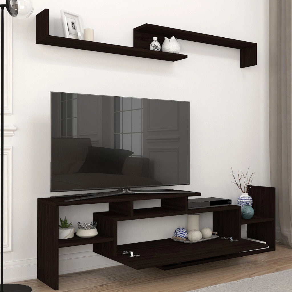 Set Liksefte di Mobile Porta TV e Mensola da Parete - Nero [en.casa]