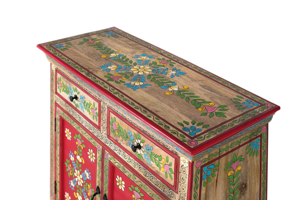 Credenza in legno di mango dipinta a mano con 2 cassetti e ante