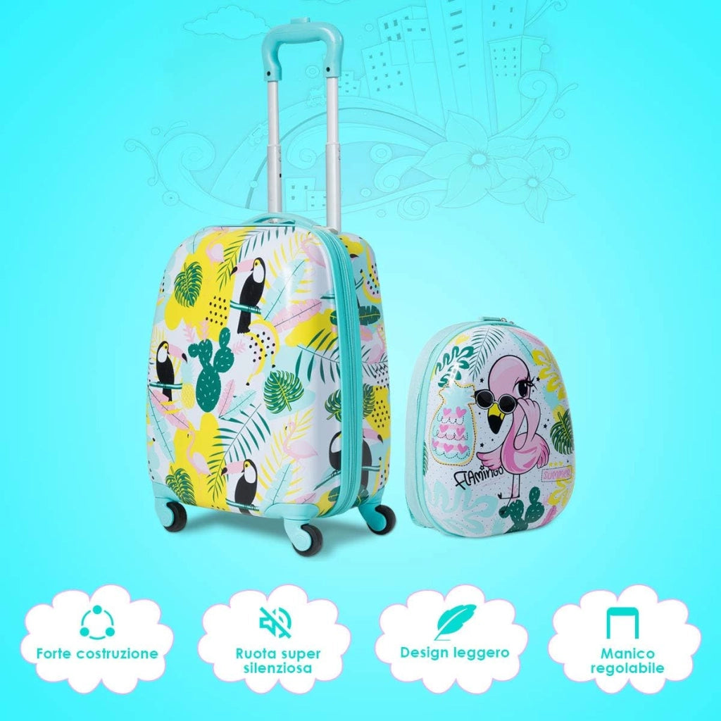 2 Pezzi Valigia per Bambini con Maniglia Retrattile + Zaino Bagaglio a Mano, Set Trolley Valigia per Bambini con Ruote Girevoli a 360 °