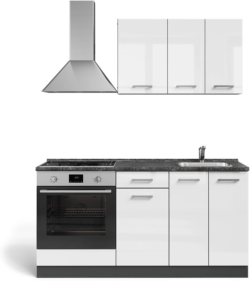 Cucina completa R-Line, Bianco lucido/antracite, 160 cm con base forno e lavello con PT