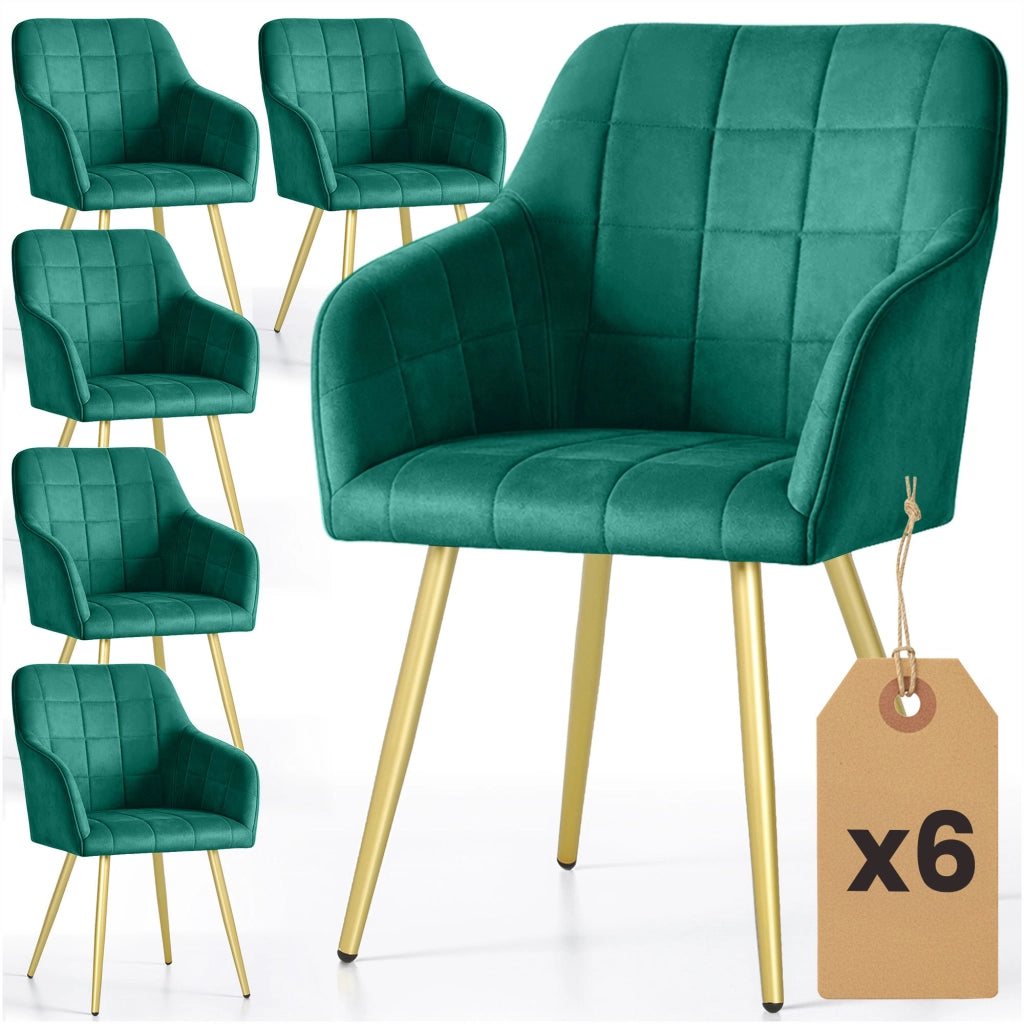 Set di 6 Sedie imbottite con cuciture quadrate LUXANO Verde Bottiglia gambe oro