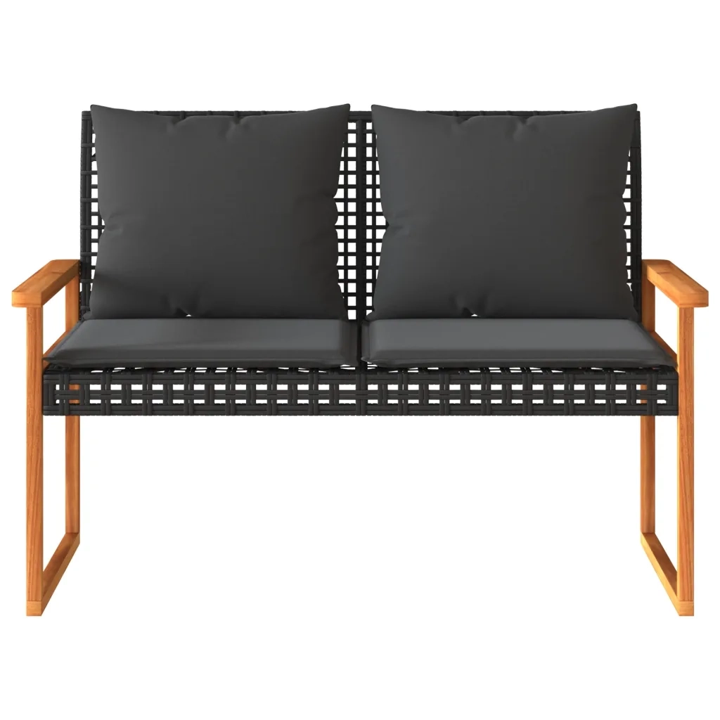 Panca da Giardino con Cuscino Nera in Polyrattan e Legno Acacia 365862