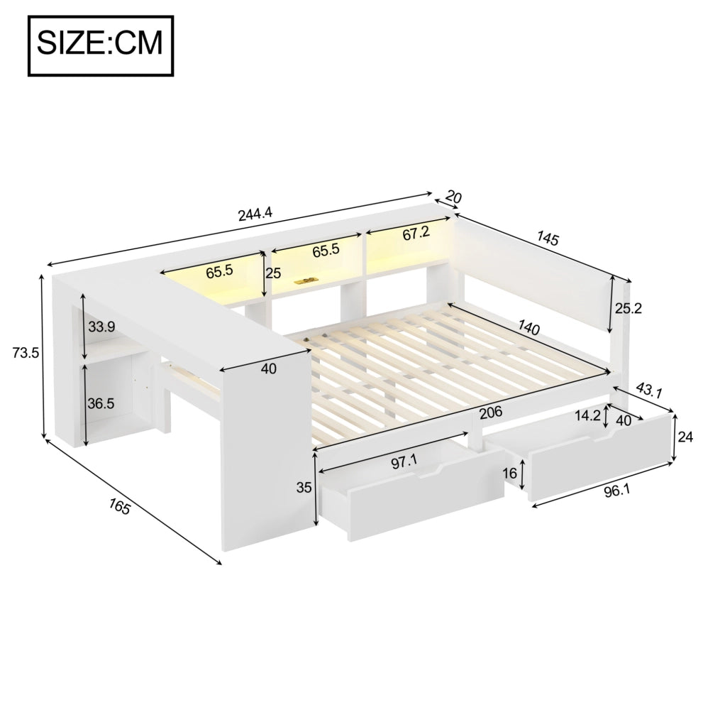 Letto piattaforma 140x200 cm con testiera imbottita; ripiani; cassetti; LED e stazione di ricarica; bianco