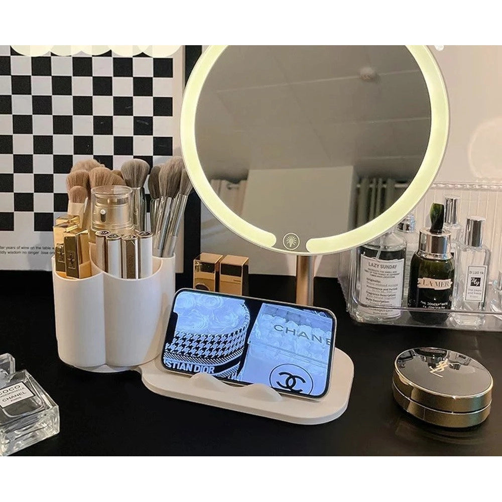 Trade Shop - Specchio Trucco Da Tavolo Con Luce Led Contenitore Portaoggetti Girevole Portacellulare -