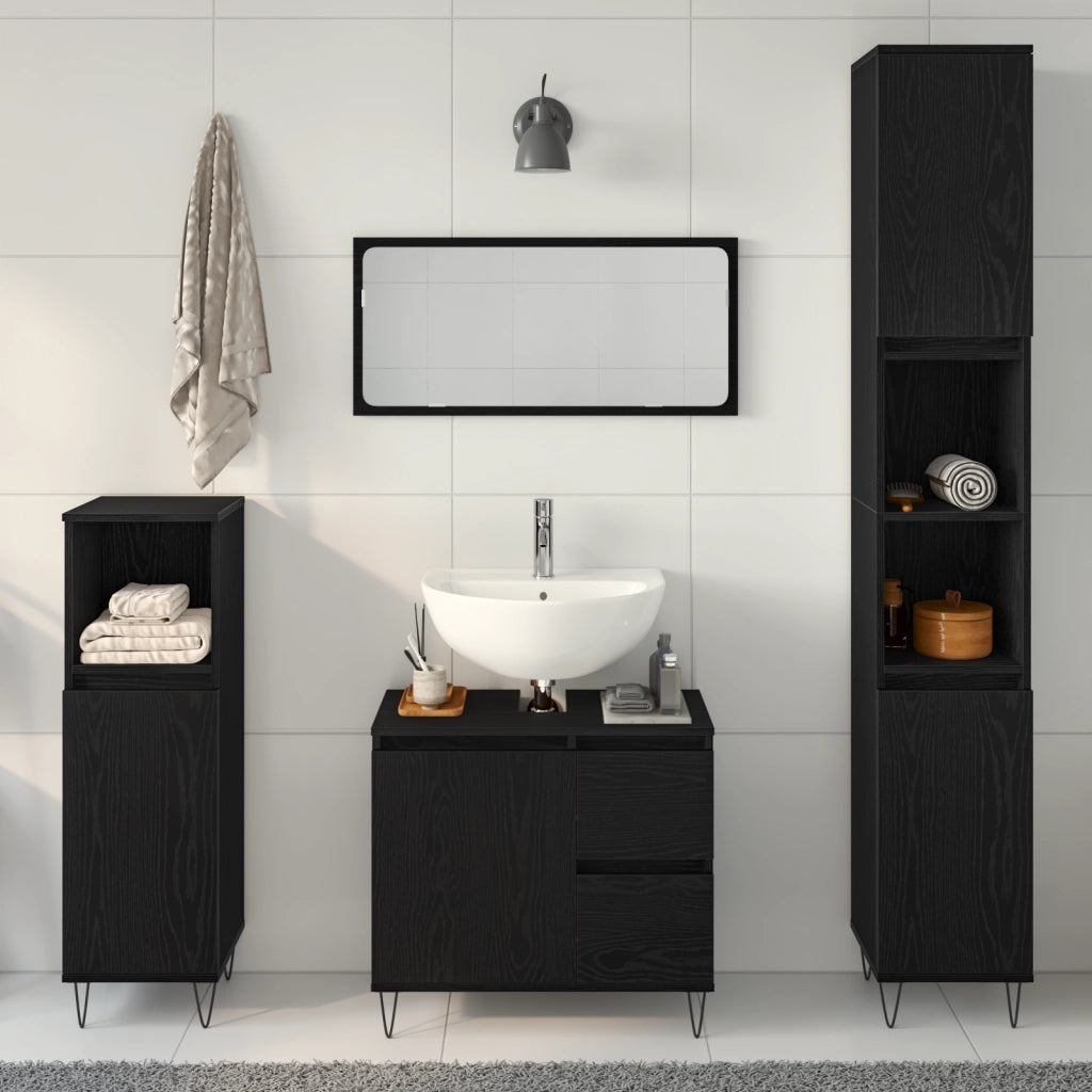 Set di Mobili da Bagno in 3 Pezzi Rovere Nero Legno Ingegnerizzato