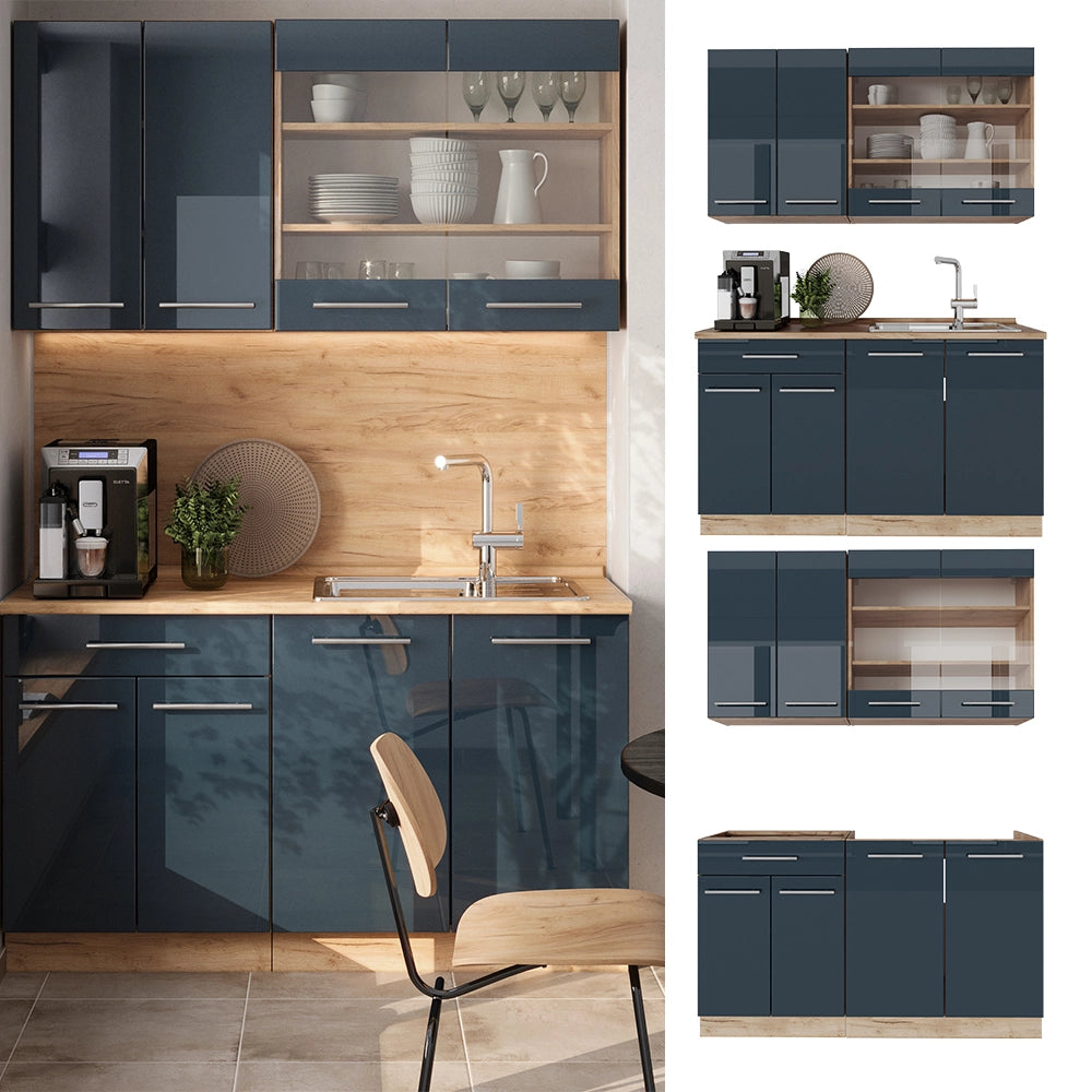 Cucina singola Fame-Line Blu scuro lucido/Rovere dorato 140 cm, PL Rovere Vicco