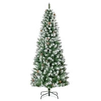 Albero di Natale Innevato da 180 cm con 630 Rami e 37 Pigne, in Plastica e Metallo, Verde e Bianco