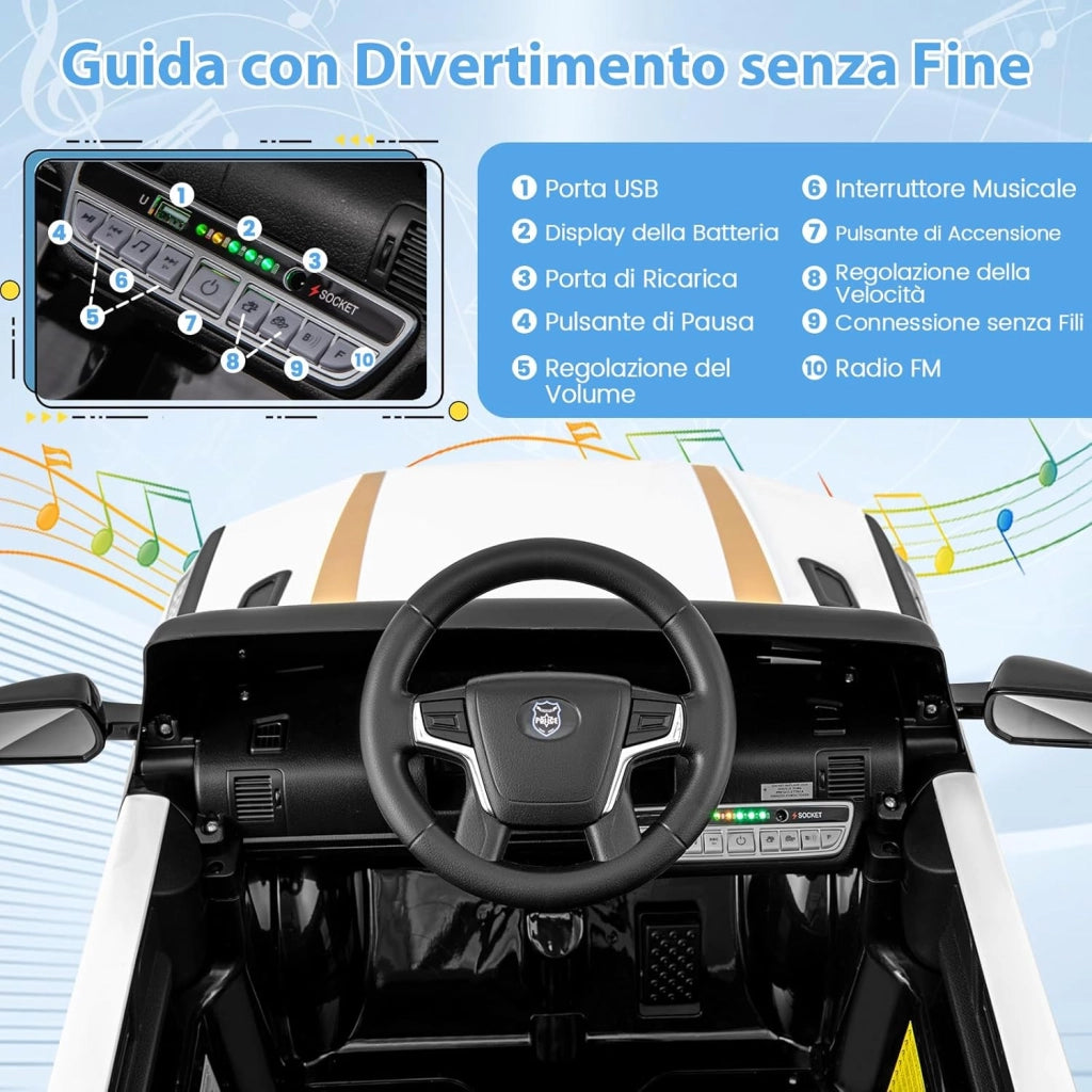 Auto della Polizia per Bambini, Macchina Elettrica 12V con Telecomando Connessione Wireless Musica Clacson Sirena e Luci LED, per Bambini 3-8 Anni