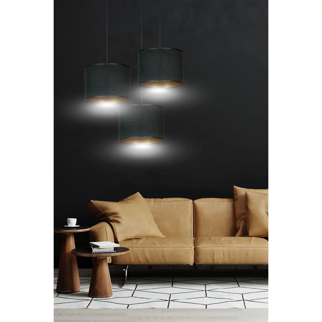 Lampadario Tondo 3 Luci Ganesha In Acciaio Nero E Paralumi In Tessuto Nero