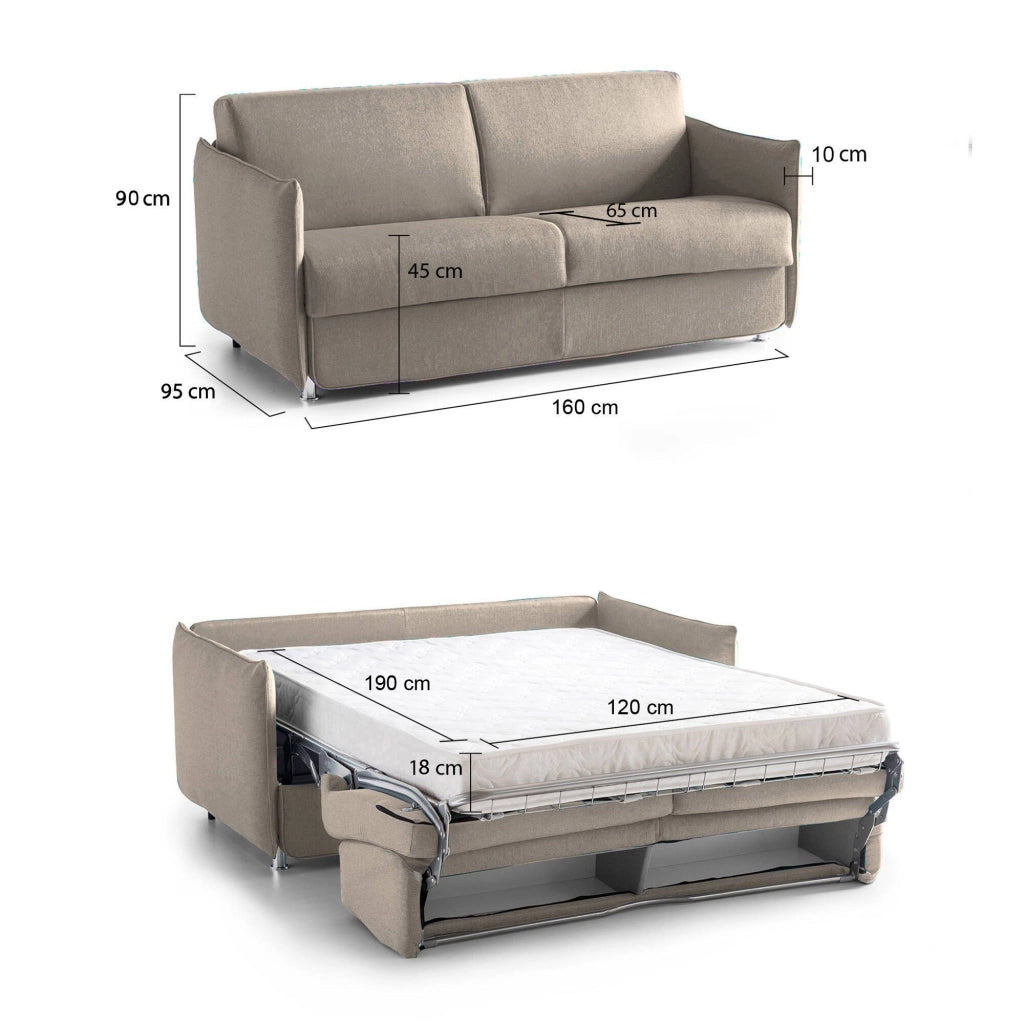 Follina, Divano Letto 2 Posti Sfoderabile Made in Italy, 160x95 cm Grigio Tortora