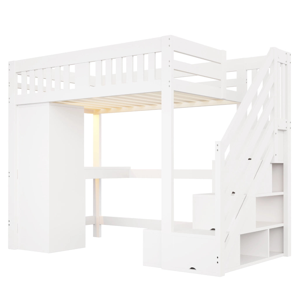 Letto a soppalco 140 × 200 cm con scala contenitore, scrivania, armadio, LED, panca, sans materasso, bianco