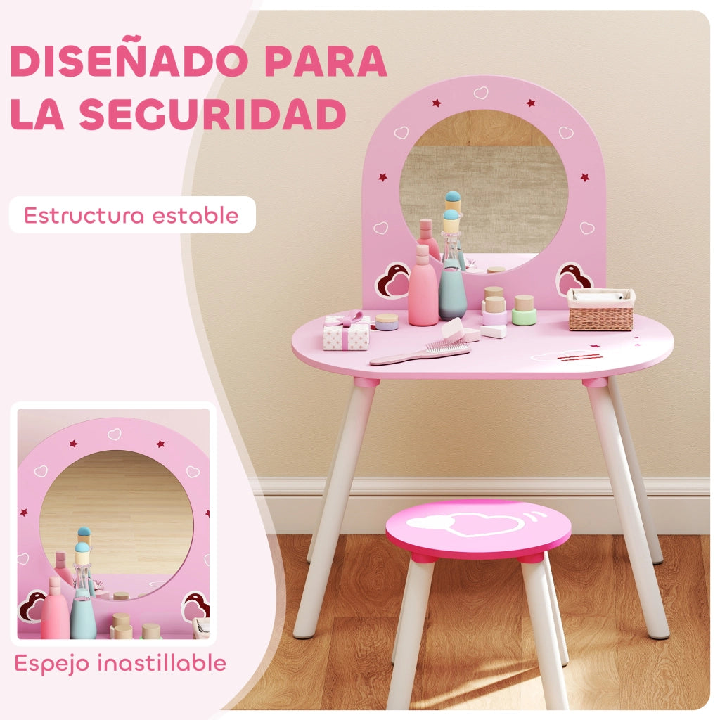 Toeletta per bambini con sgabello e specchio ¨C Xylo ¨C rosa con cuori 3-6 anni