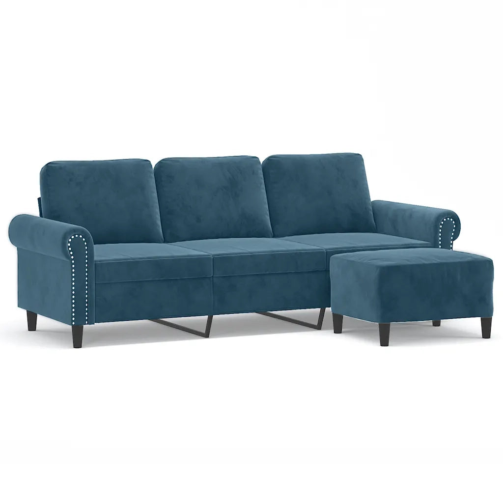 Divano a 3 Posti con Poggiapiedi Blu 180 cm in Velluto