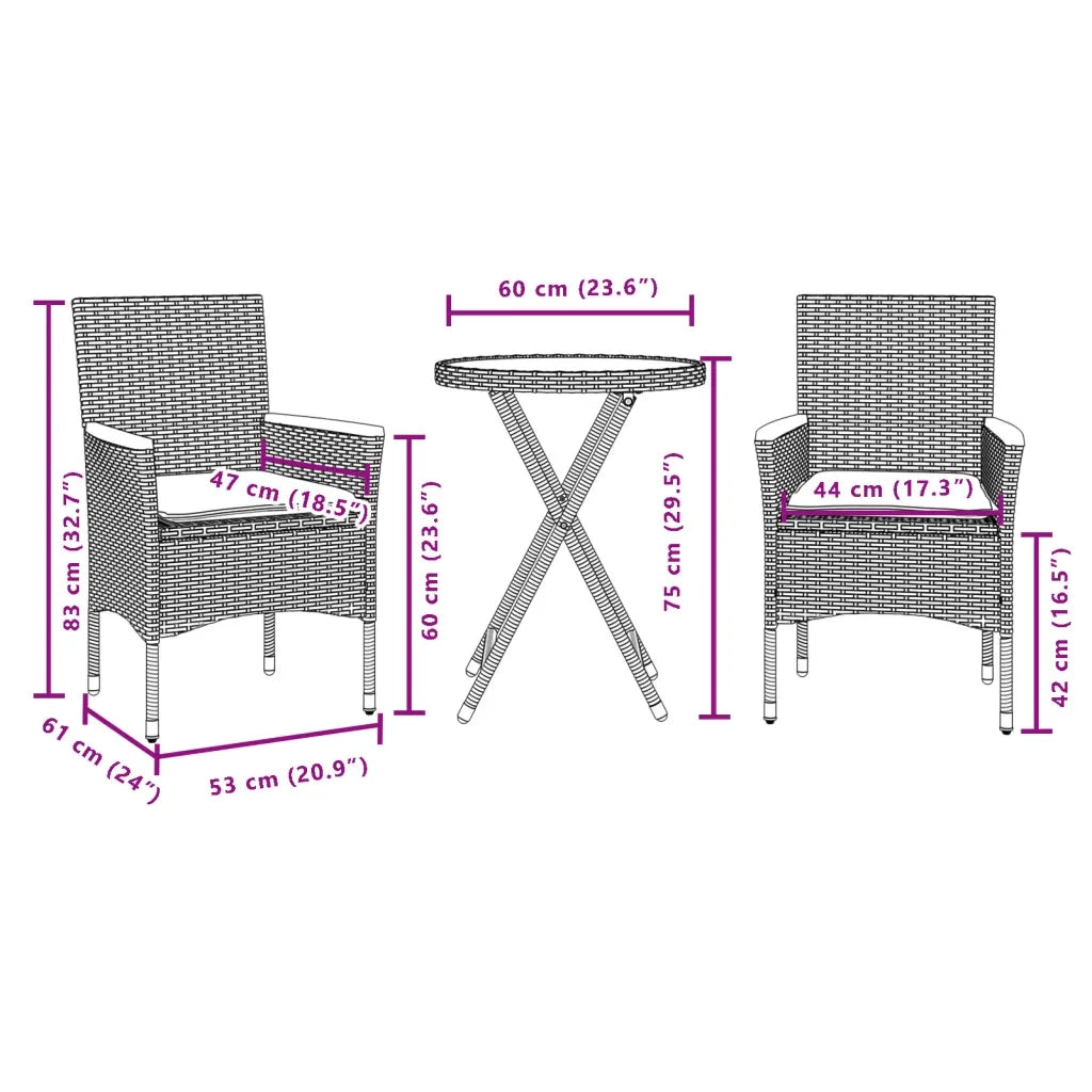 Set da BistrÃ² 3 pz con Cuscini Grigio Polyrattan Acacia