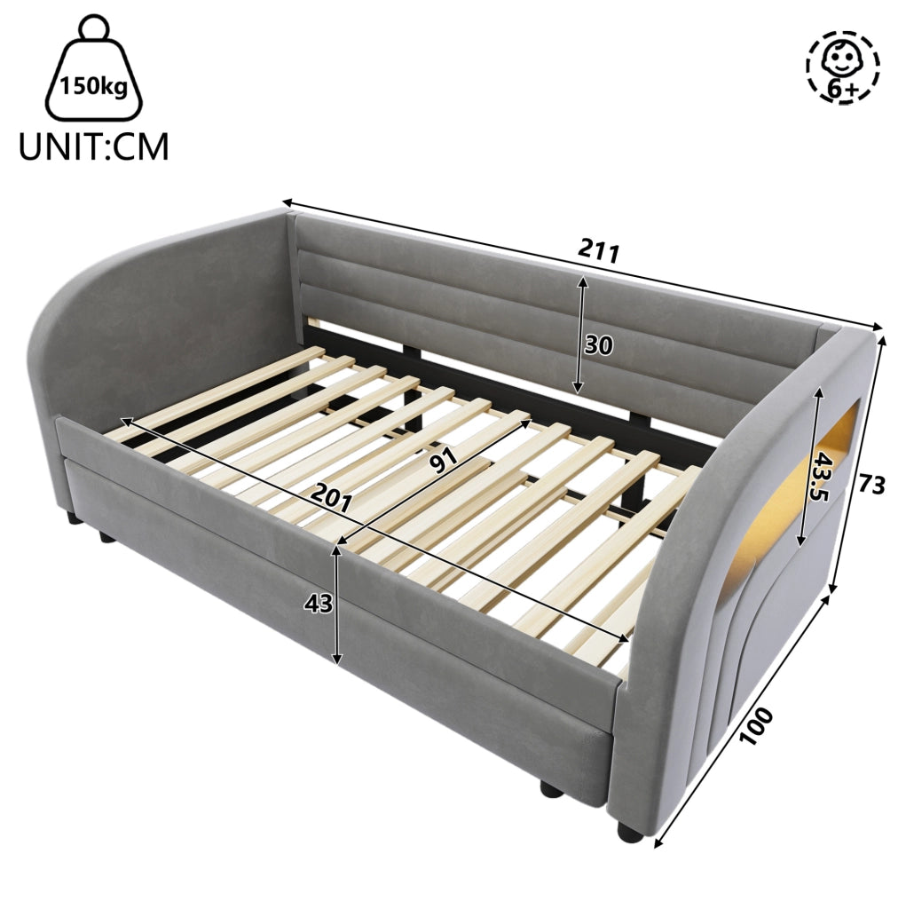Letto imbottito 90x200 cm con letto estraibile e LED; grigio