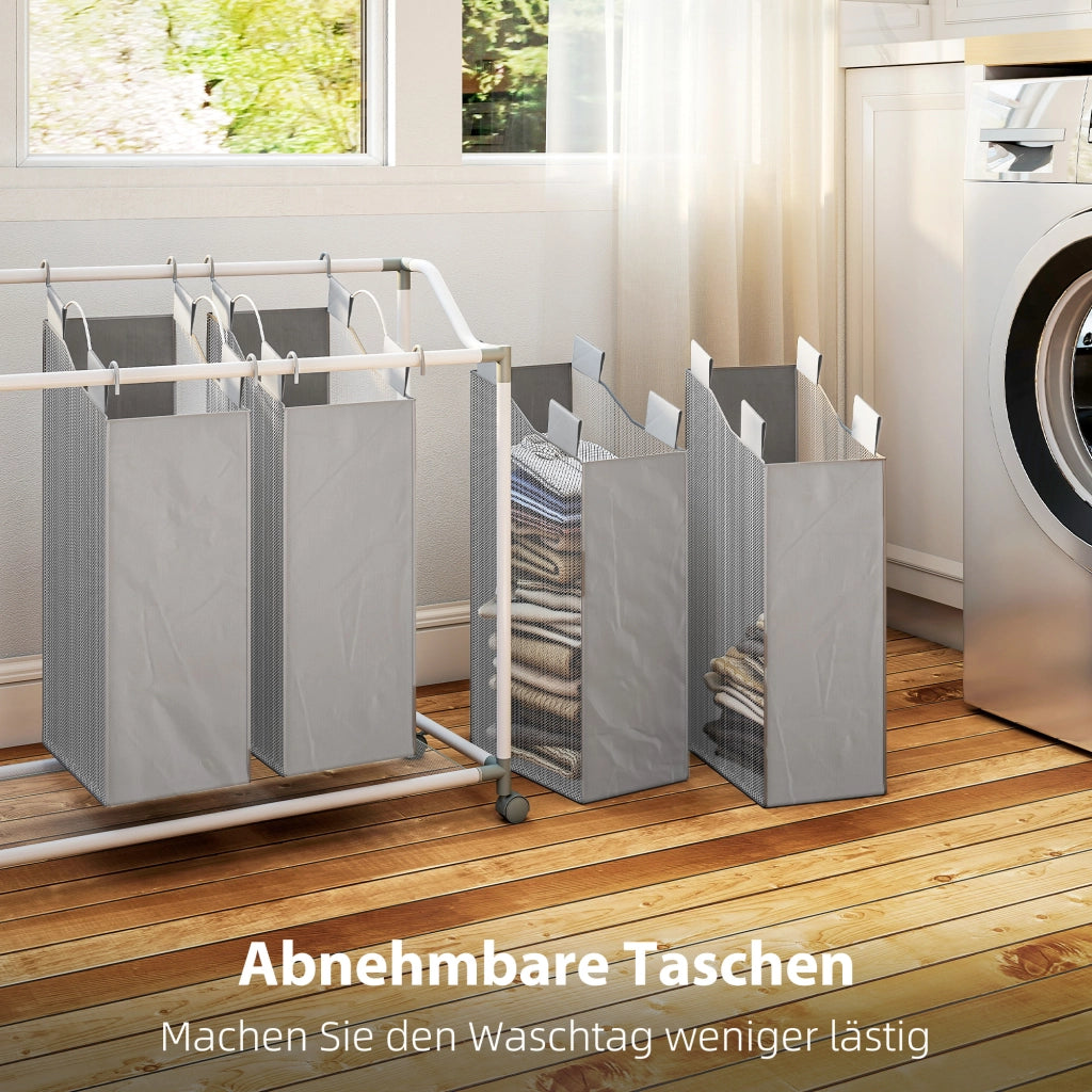 Cestino per la biancheria con 4 compartimenti 160 L con ruote e sacco estraibile ¨C Minimal ¨C Grigio 97x38x81 cm