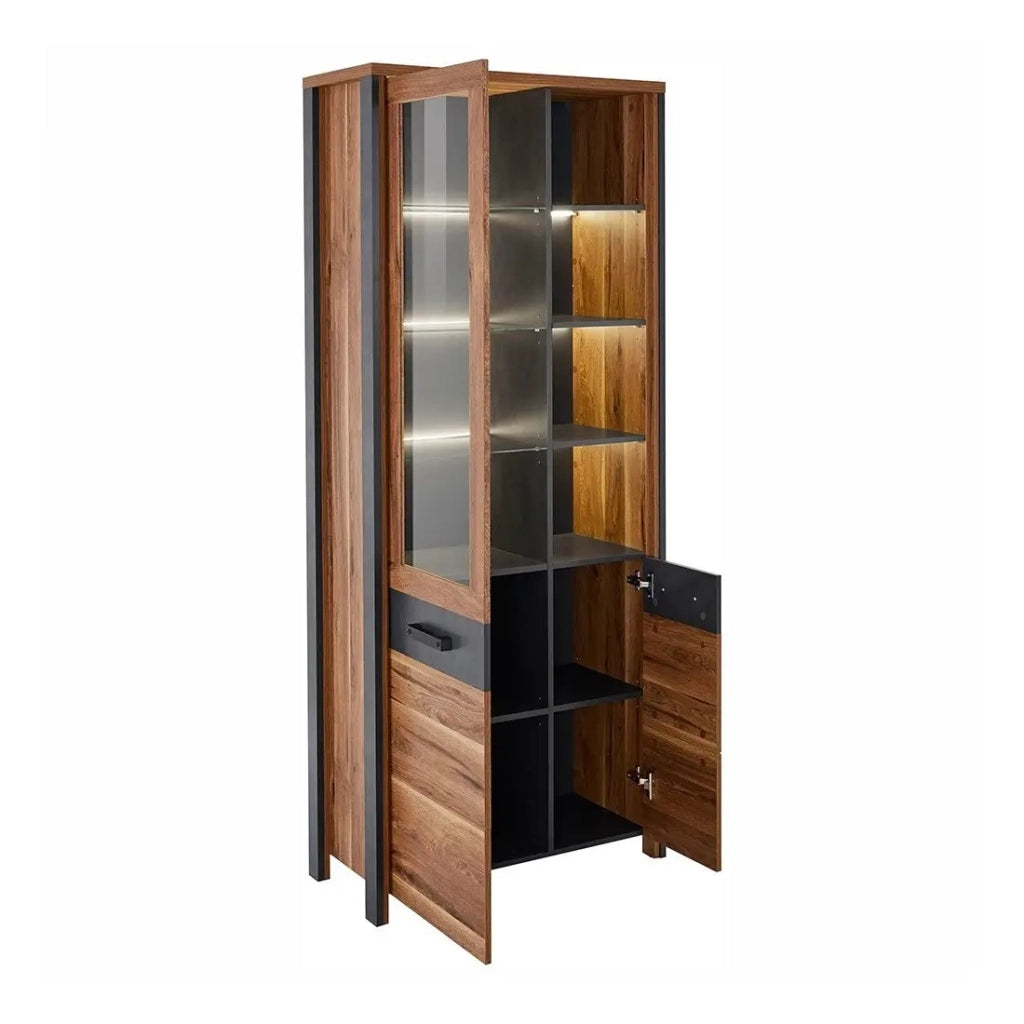 Vetrina collezione WINDSOR. Colori rovere scuro e grigio antracite.