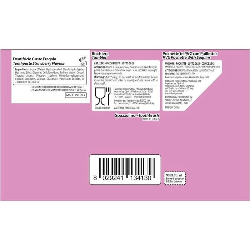 UNICORNO COFANETTO REGALO CON SPAZZOLINO DA DENTI MANUALE CON SETOLE MEDIE E DENTIFRICIO ALLA FRAGOLA, 75 ML