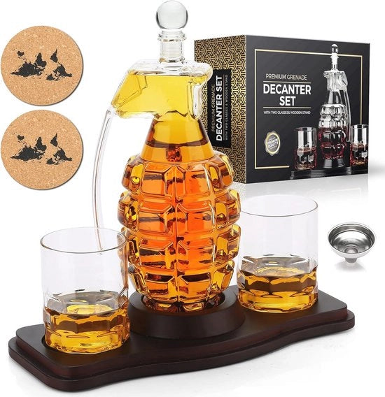Set di Caraffa Whisky con Vaschetta in Vetro e Supporto in Legno - Ideale Regalo per gli Amanti del Whisky