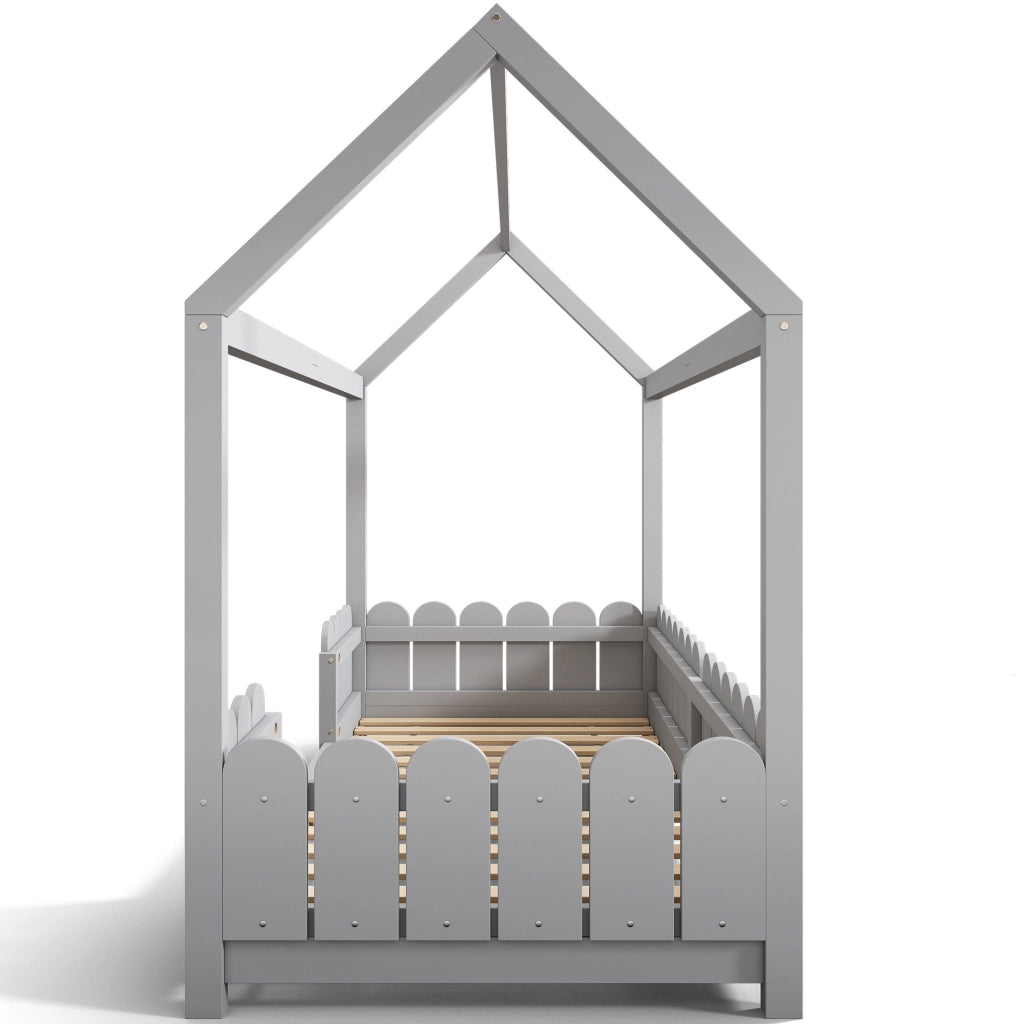 Letto a casetta per bambini 90x200 cm con barriera anticaduta e rete a doghe; in legno grigio