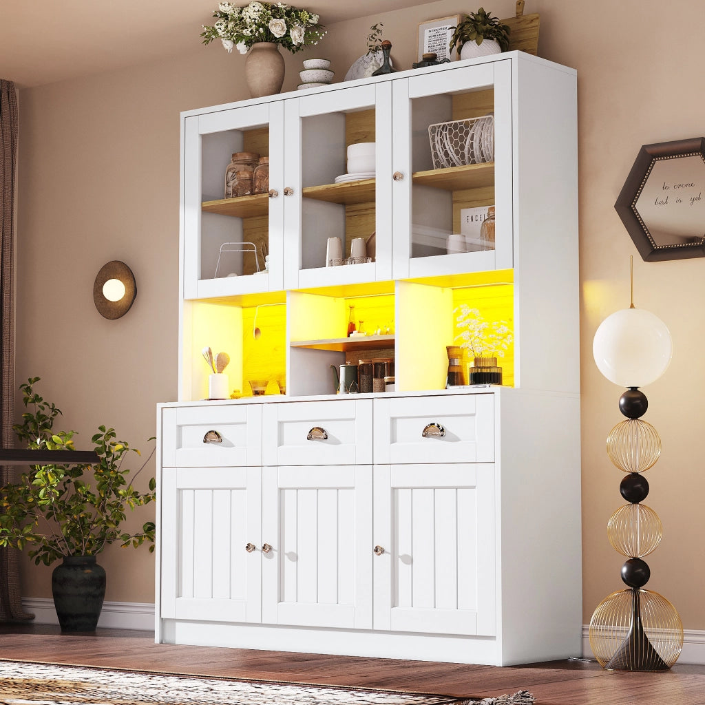OKWISH Credenza da cucina alta con 6 ante e 3 cassetti, ripiani regolabili e LED, per cucina, MDF, 140 x 40 x 175 cm