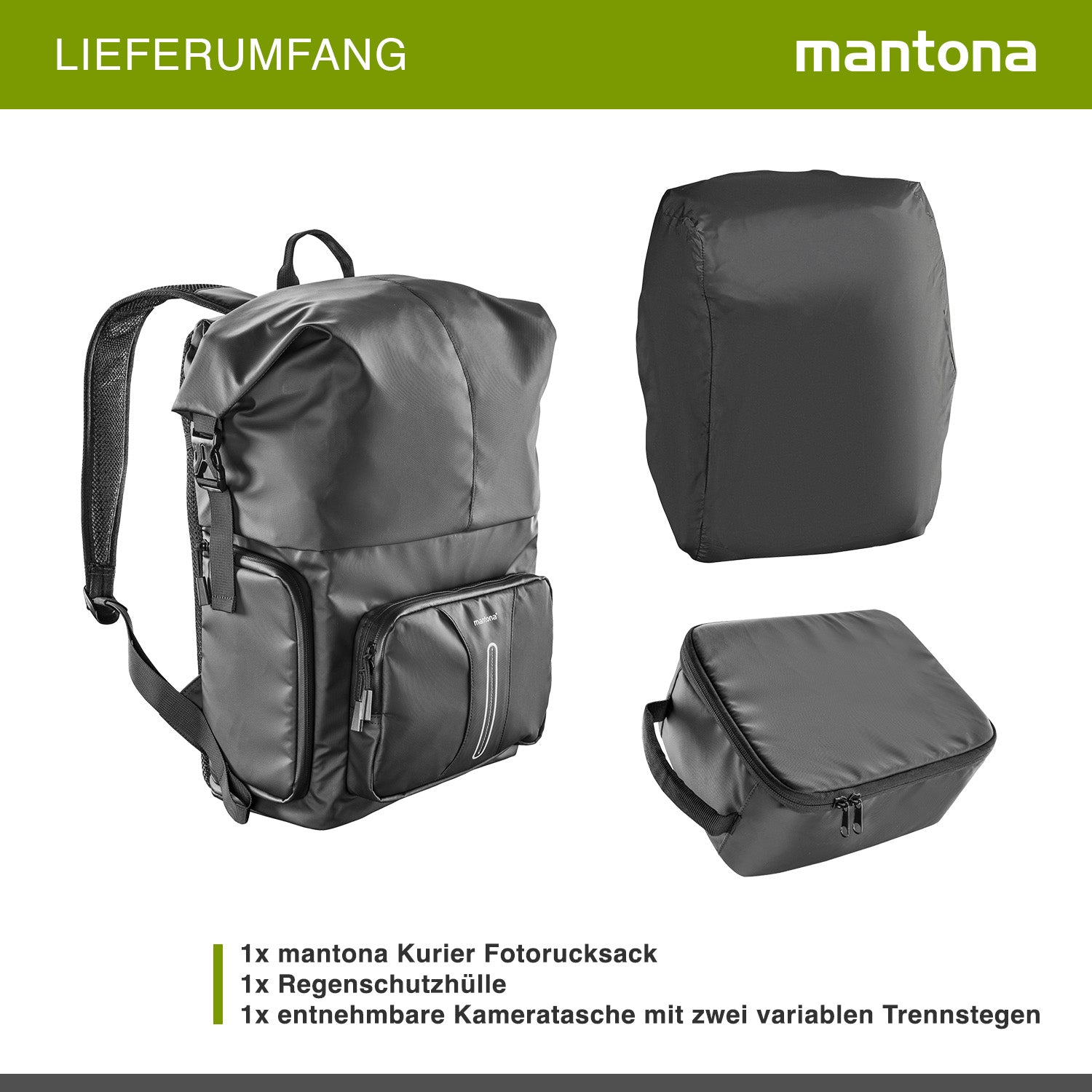 Mantona zaino fotografico corriere per fotocamera SLR DSLR in materiale impermeabile, con accesso rapido, zaino corriere con chiusura per arrotolamento 22444 Nero 480mm