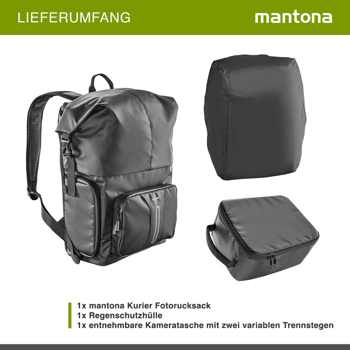 Mantona zaino fotografico corriere per fotocamera SLR DSLR in materiale impermeabile, con accesso rapido, zaino corriere con chiusura per arrotolamento 22444 Nero 480mm
