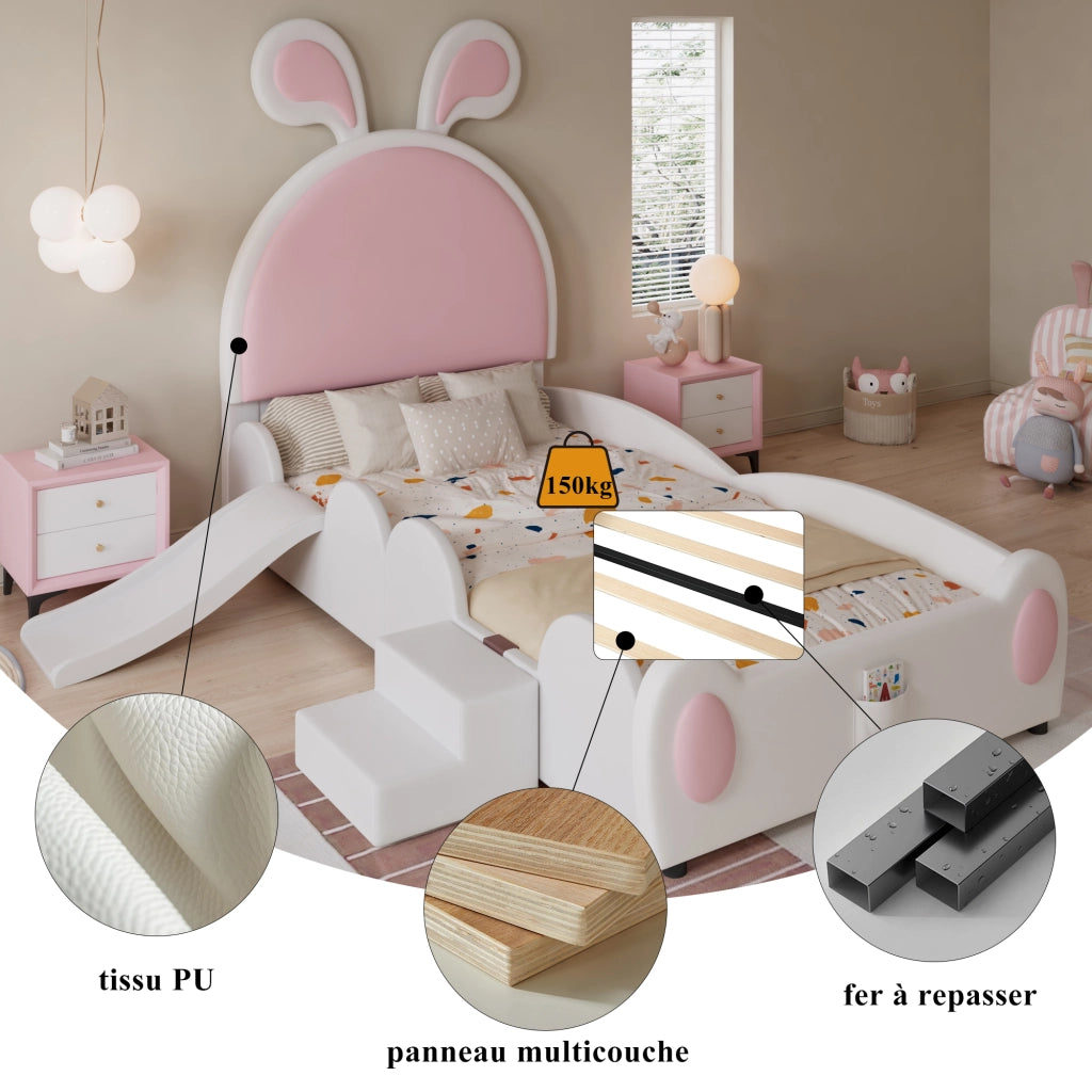 OKWISH Letto Bambino 90×200 cm, Letto Singolo con Scivolo, Scaletta e Tasca Portaoggetti, senza Materasso, in PU, Bianco e Rosa