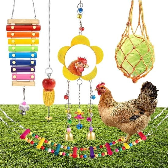 Accessori per pollaio - Oscillatore arcobaleno - Lattine per galline - Alimentatore per verdure automatico - Specchio con campanelli - Xilofono.