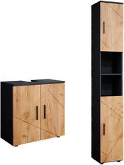 Set di mobili da bagno Irma, Quercia dorata/antracite, 2 parti, con colonna, composto da mobile sottolavabo e colonna alta