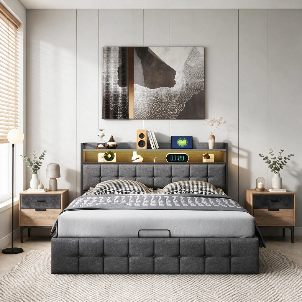 Letto matrimoniale 140x190 cm con contenitore LED USB testiera struttura letto MDF e PU - grigio