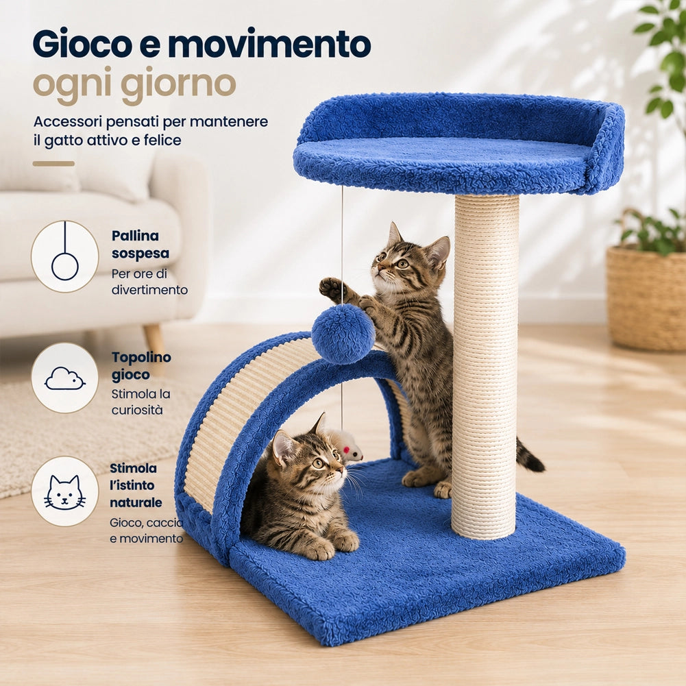 Tiragraffi Per Gatti Blu Con Gioco Pallina Palo 50cm Topolino Tunnel Soffice