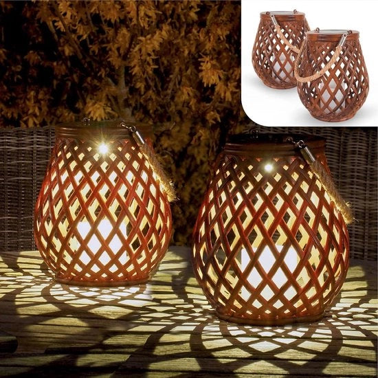 Illuminazione Esterna a Energia Solare Set di 2 - Lampada da Tavolo in Rattan con Sensor di Luce di Giorno e Notte - Lampada a Led Esterna