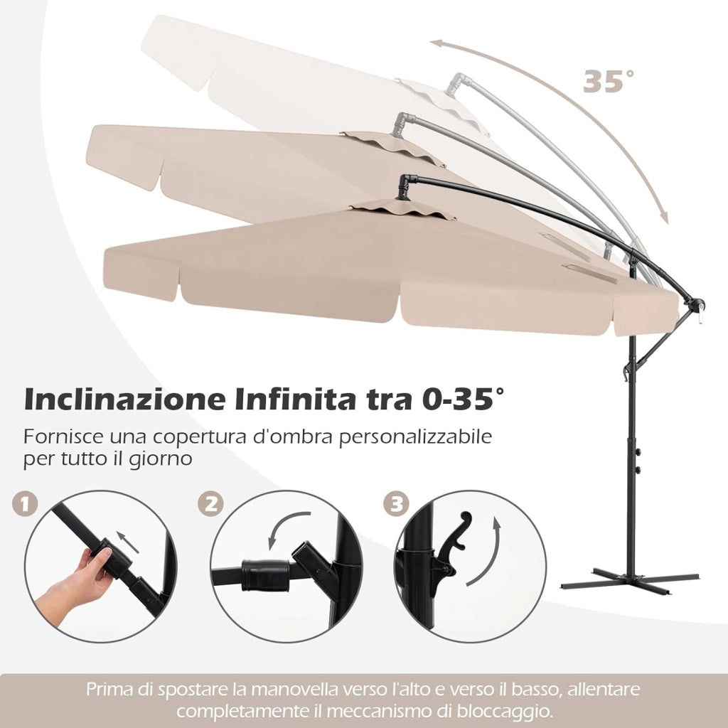 Ombrellone da Giardino 290 cm a Braccio | Inclinazione Regolabile, Manovella, 8 Stecche, Telo Solare, Copertura Inclusa (Beige, Non Base)