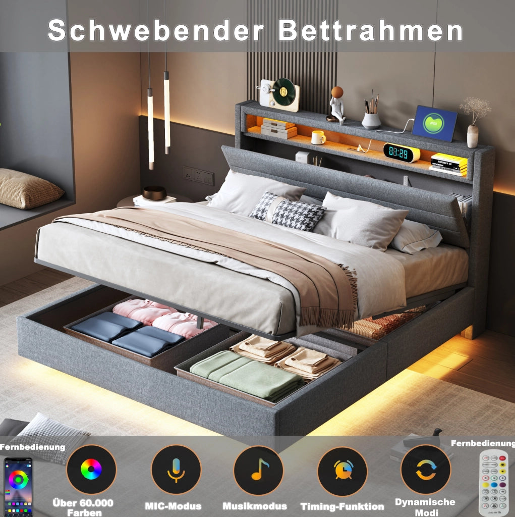 Letto imbottito modulare 140 x 200 cm grigio con vano idraulico, LED e USB