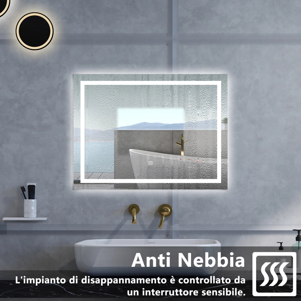 Specchio da bagno Rettangolare con 120x80cm,3 colori,Memoria, Antifog,Regorabile,Retroilluminato,doppio interruttore,