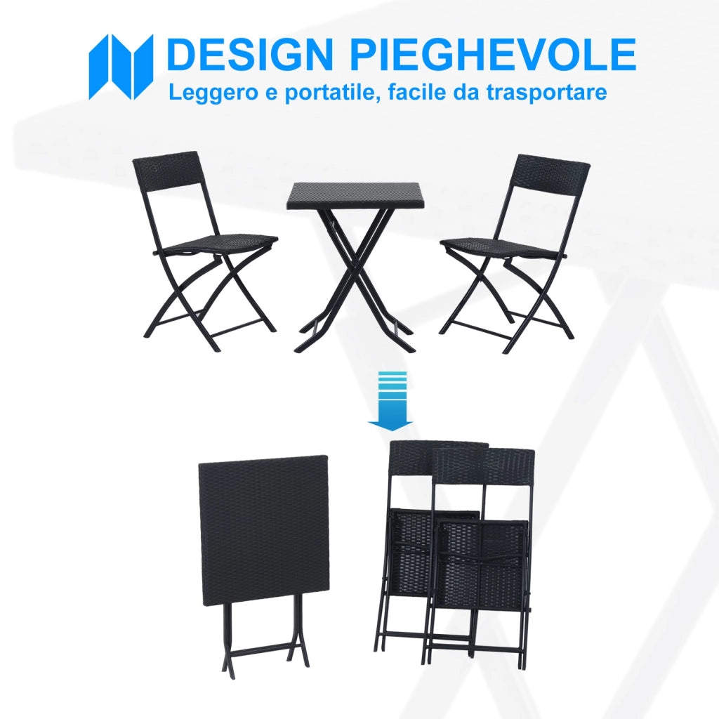 EasyComfort Set da Giardino Pieghevole da 3 Pezzi in Rattan PE e Metallo, Set 2 Sedie e Tavolino da Caffè, Protezione dai Raggi UV, Set di Mobili da Balcone, per Patio e Cortile, Nero