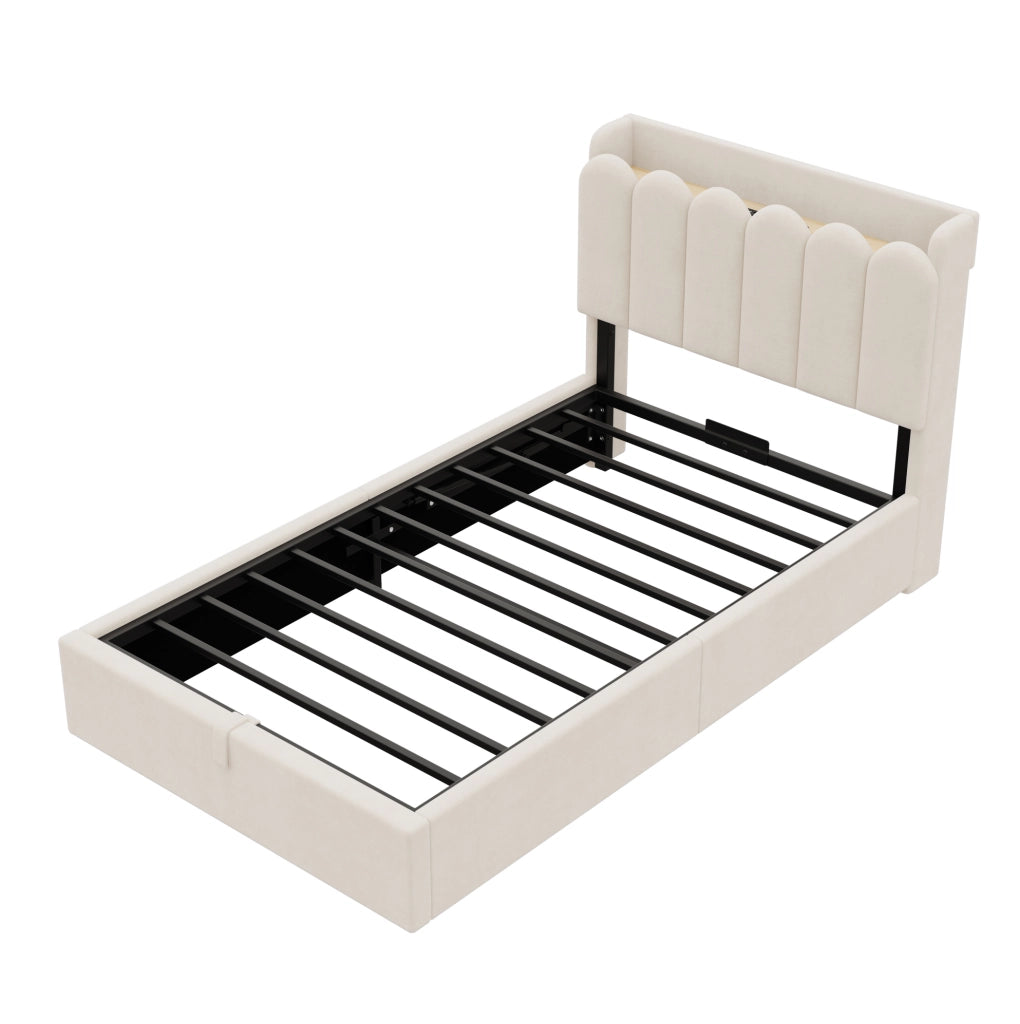 Letto singolo imbottito per bambini 90x200 cm con contenitore; USB e Type-C in velluto beige