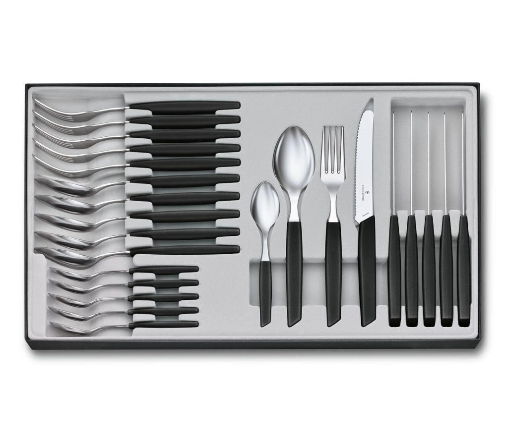Victorinox 6.9093.11W.24 Swiss Modern Set da Tavola 24 Pezzi con Coltelli a Lama Seghettata Acciaio Inox 18-10 colore Nero
