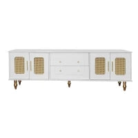 Mobiletto Porta TV in Stile Retro con Maniglie Dorate, Porte in Rattan e Gambe in Metallo, Ampio Spazio di Stoccaggio, 175x38x55,5 cm, Bianco