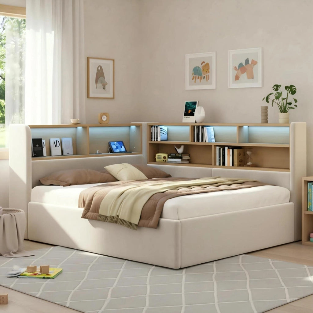 Letto con contenitore idraulico; LED e USB in velluto beige