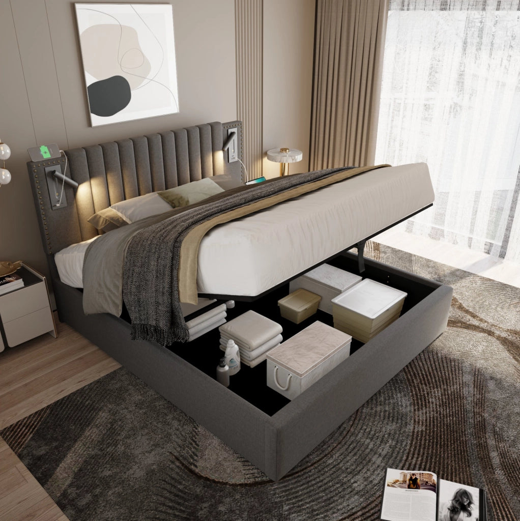 Letto matrimoniale 140x200 cm con contenitore; testiera regolabile; luce da lettura e porte USB; grigio