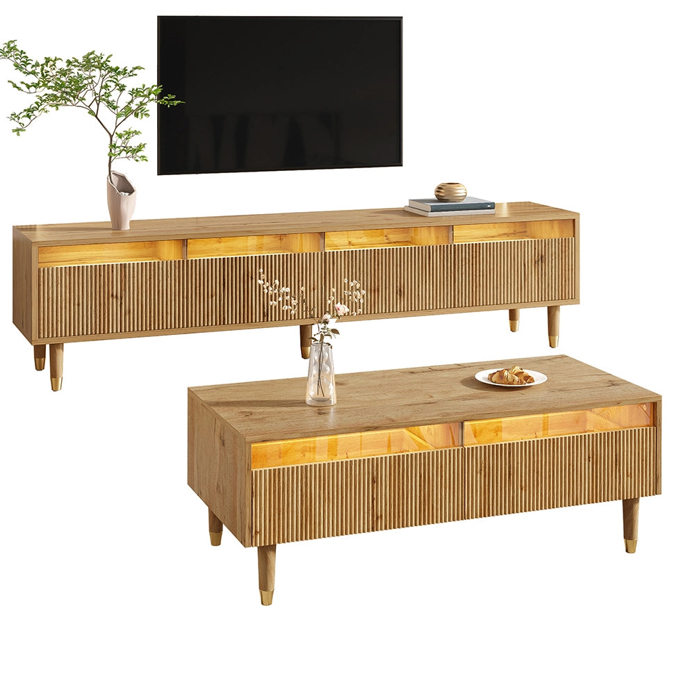 Set TV+tab. LED - Xylo - 4 porte+2 cassetti legno/dorato con illuminazione