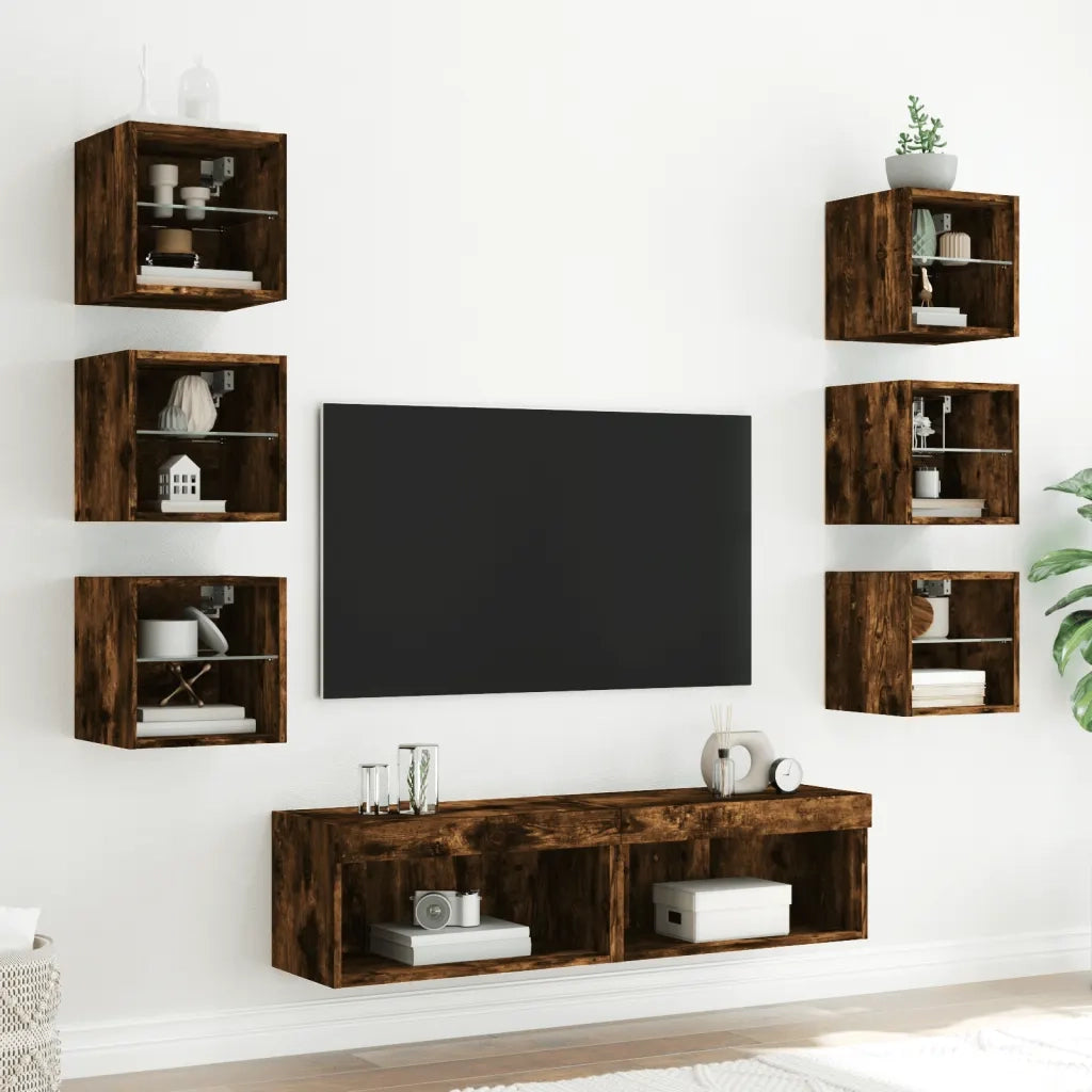 vidaXL Mobili TV a Muro con LED 8pz Rovere Fumo in Legno Multistrato