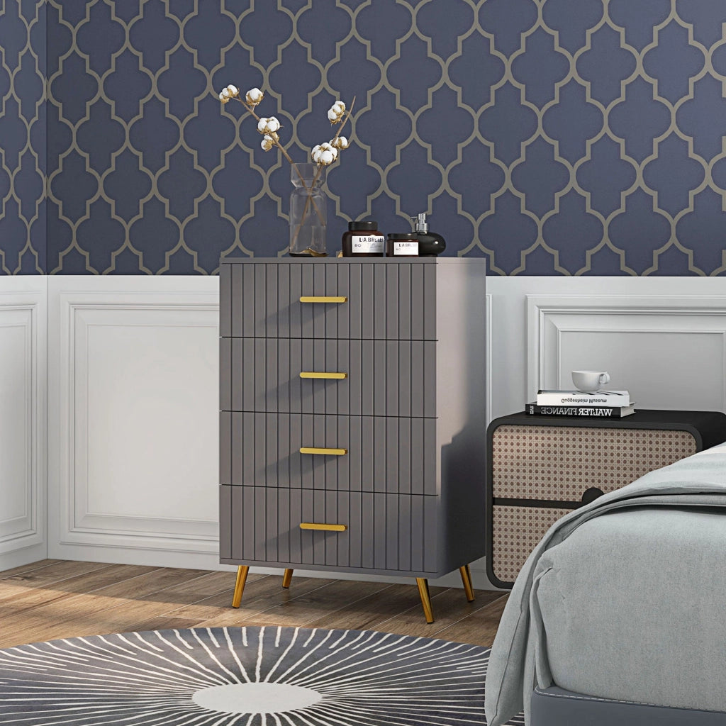 Cassettiera 4 Cassetti Design Moderno 60x40x90 cm in Legno e Alluminio Oro e Grigio Scuro